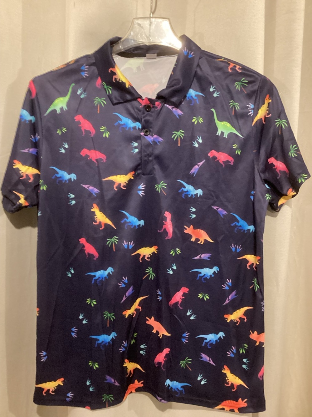 Navy Polo with Multicolor Dinosaur Print